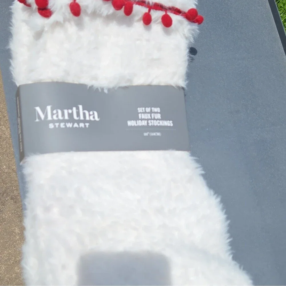 Martha Stewart Set of 2 Faux Fur Christmas Stockings White/Red 22 in